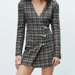 Zara Tweed Blazer Dress | Size S | V-Neck Long Sleeve Mini with Buckle Detail